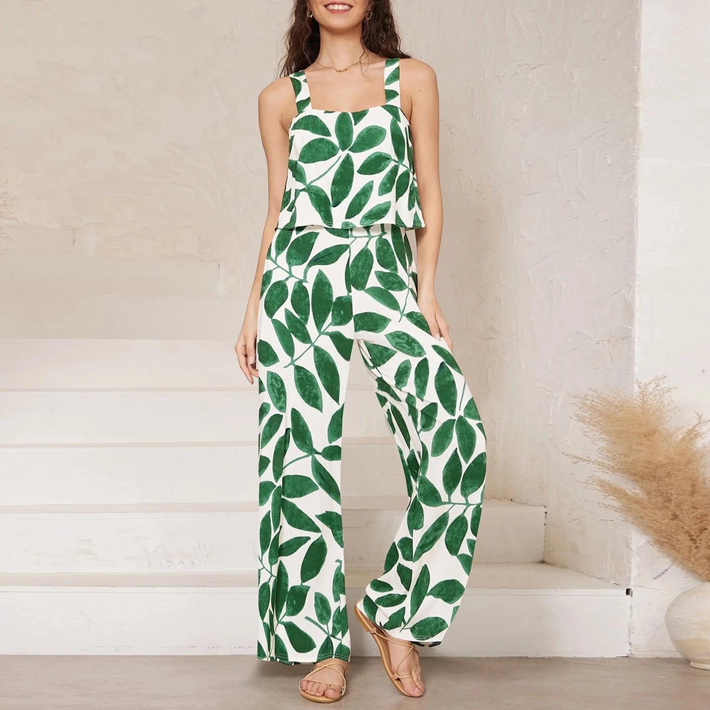 Women's Printed Wide Leg Jumpsuit Overalls Trousers Bohemian Style Summer Clothes