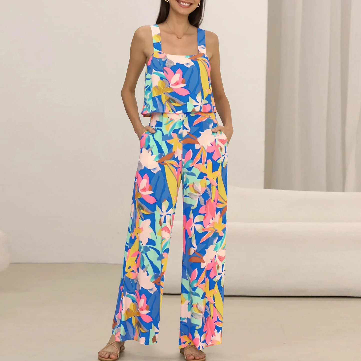 Women's Printed Wide Leg Jumpsuit Overalls Trousers Bohemian Style Summer Clothes