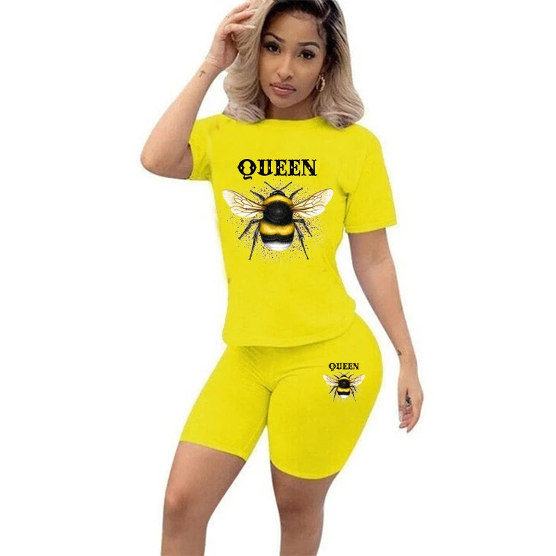 Women Two Piece Set Summer Short Sleeve O-Neck Tee Tops+Shorts