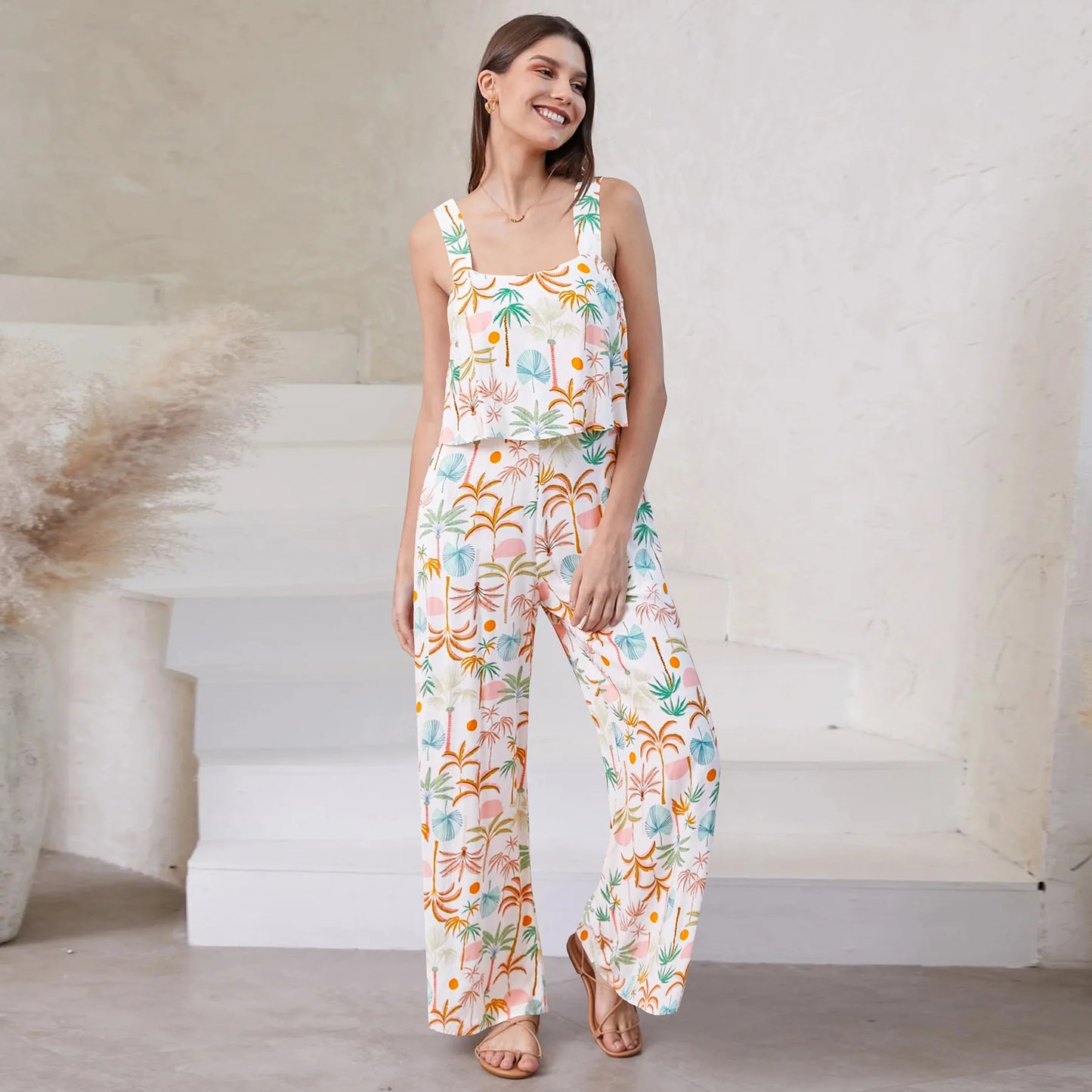 Women's Printed Wide Leg Jumpsuit Overalls Trousers Bohemian Style Summer Clothes