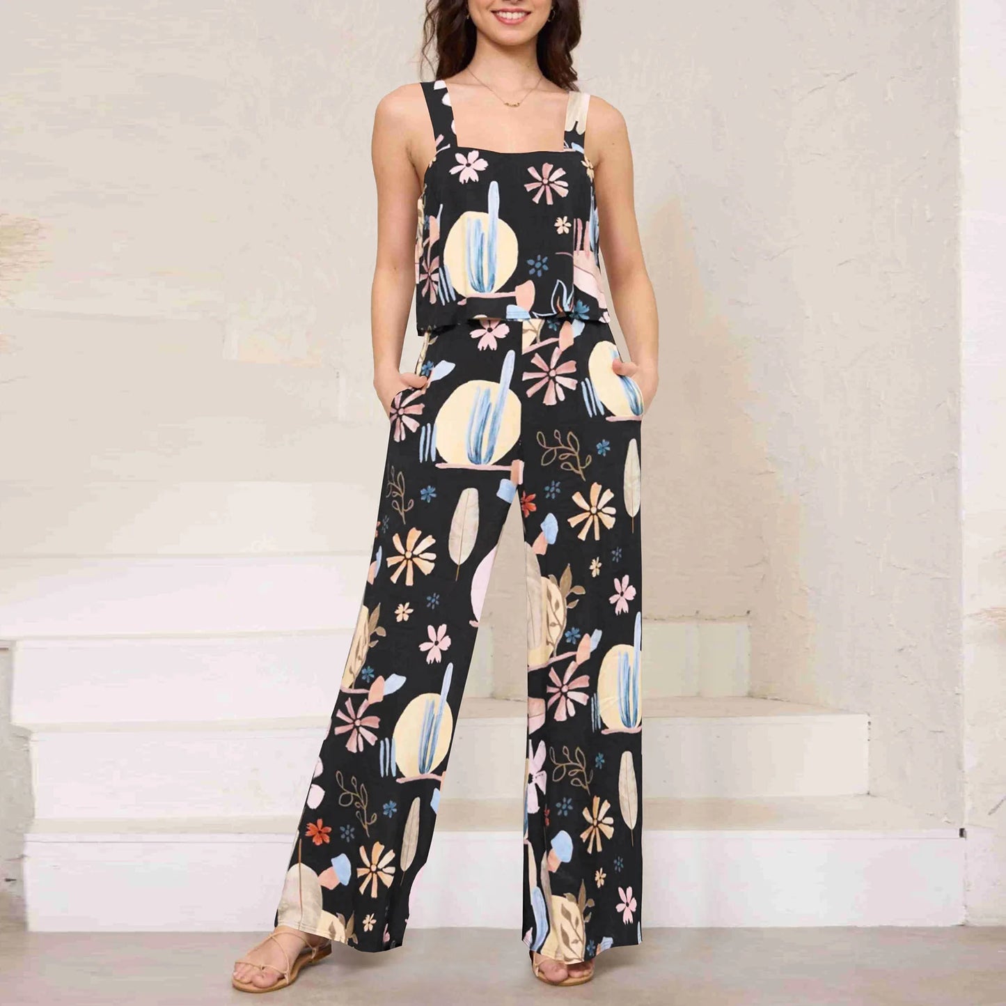 Women's Printed Wide Leg Jumpsuit Overalls Trousers Bohemian Style Summer Clothes