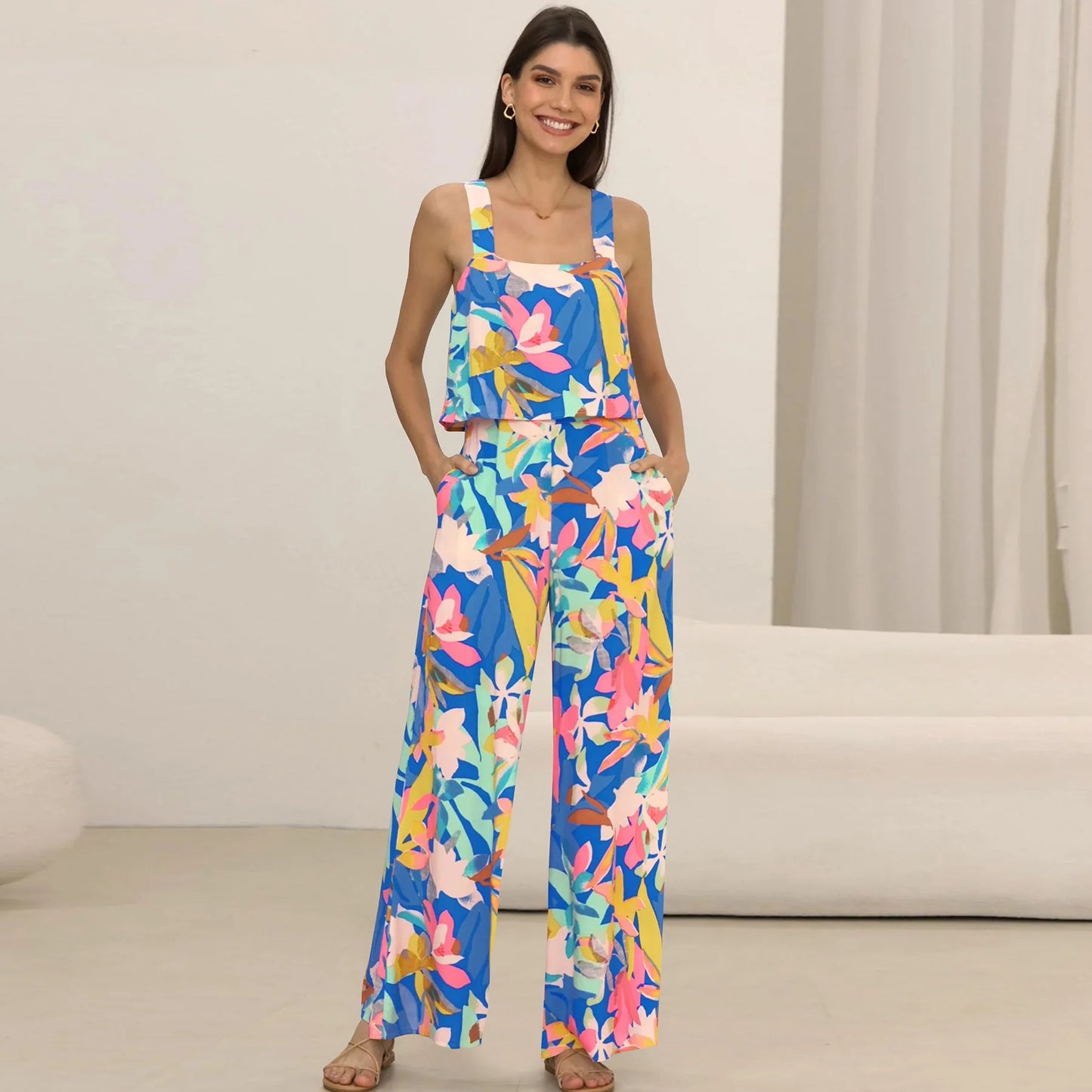 Women's Printed Wide Leg Jumpsuit Overalls Trousers Bohemian Style Summer Clothes