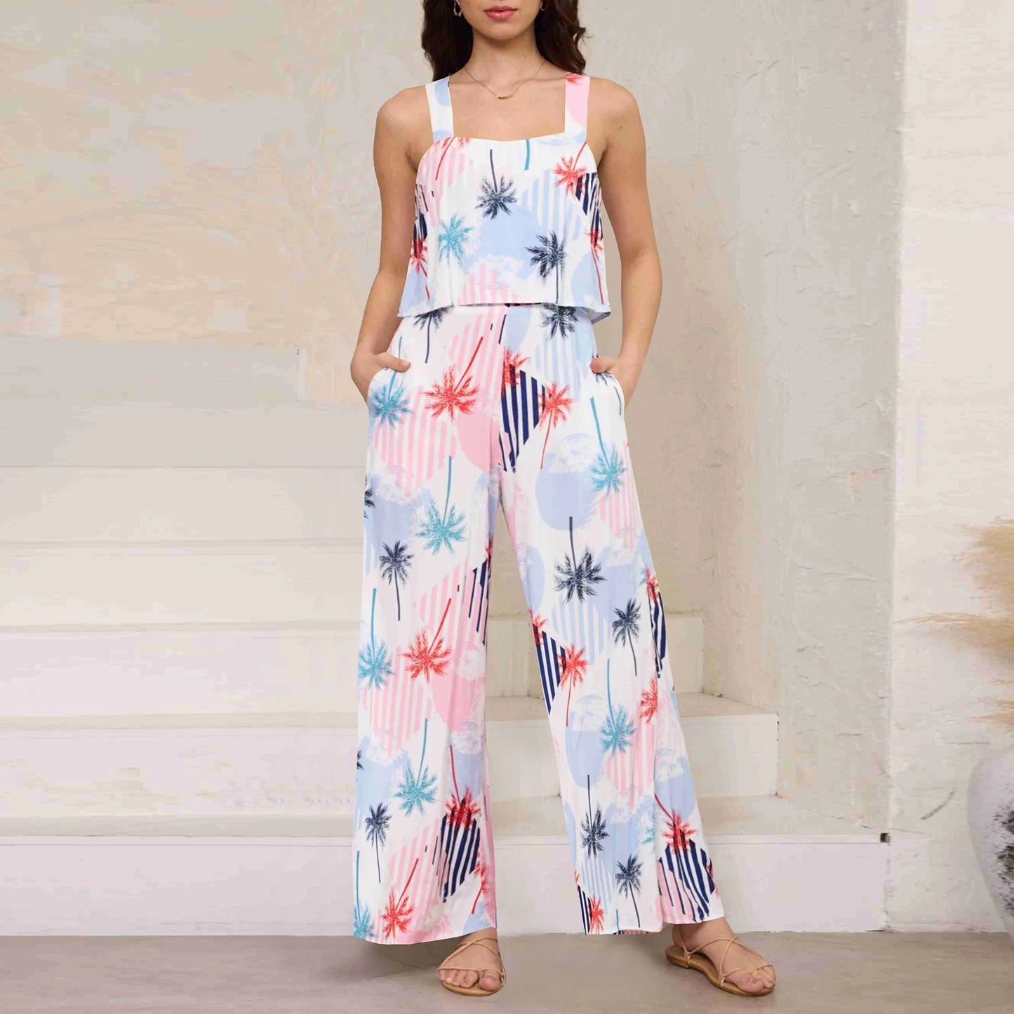 Women's Printed Wide Leg Jumpsuit Overalls Trousers Bohemian Style Summer Clothes