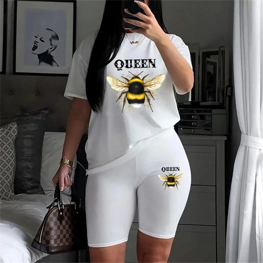 Women Two Piece Set Summer Short Sleeve O-Neck Tee Tops+Shorts